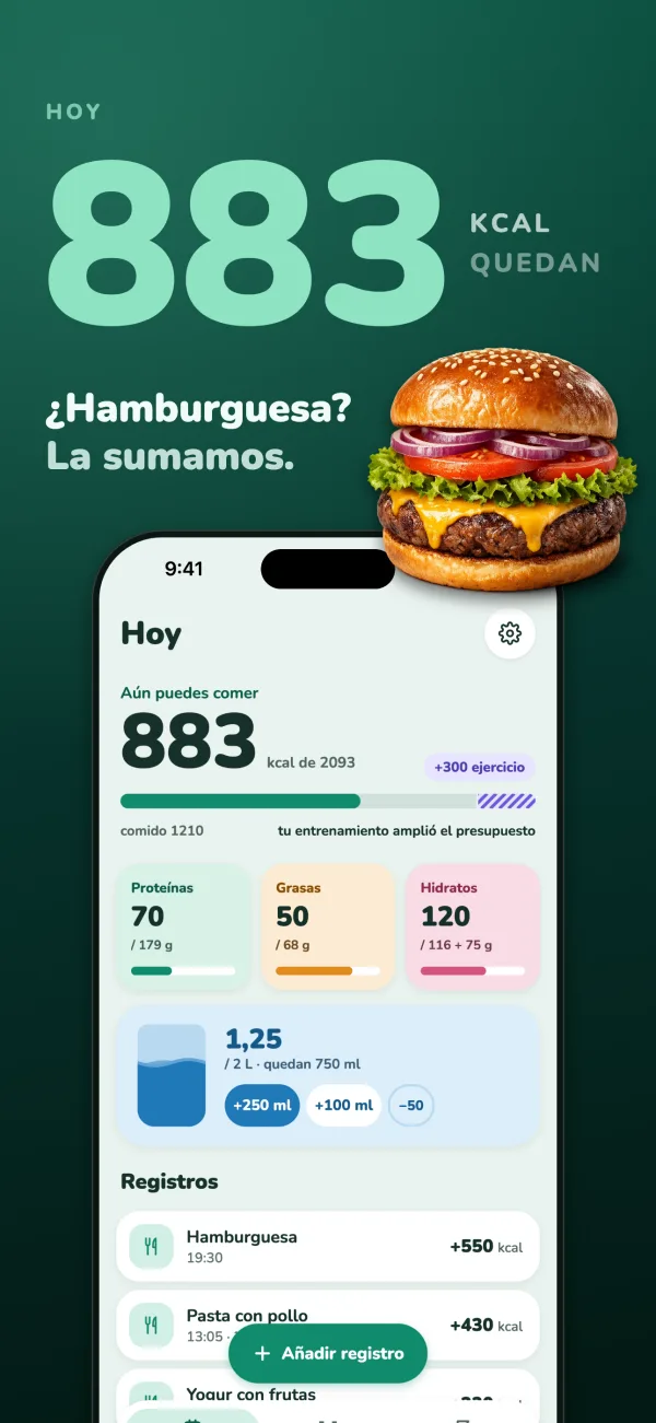 Hoy quedan 883 kcal. ¿Hamburguesa? La sumamos. La pantalla Hoy después de una hamburguesa de 550 kcal, con una hamburguesa con queso junto al teléfono