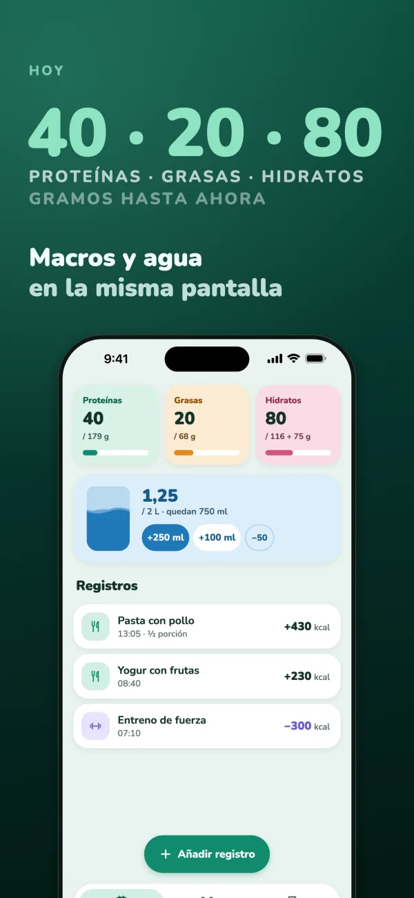40 · 20 · 80 gramos de proteínas, grasas e hidratos hasta ahora. Macros y agua en la misma pantalla: tres recuadros de macros, un vaso de agua con 1,25 de 2 L y los registros de hoy