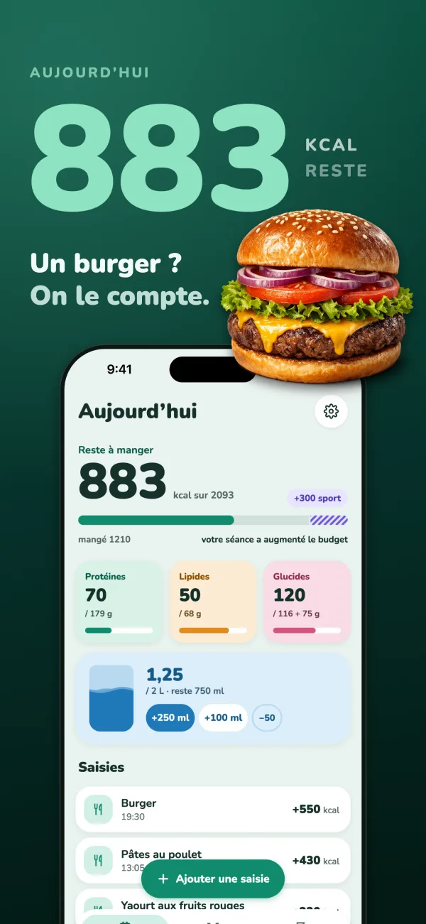 883 kcal restantes aujourd’hui. Un burger ? On le compte. L’écran Aujourd’hui après un burger de 550 kcal, avec un cheeseburger à côté du téléphone