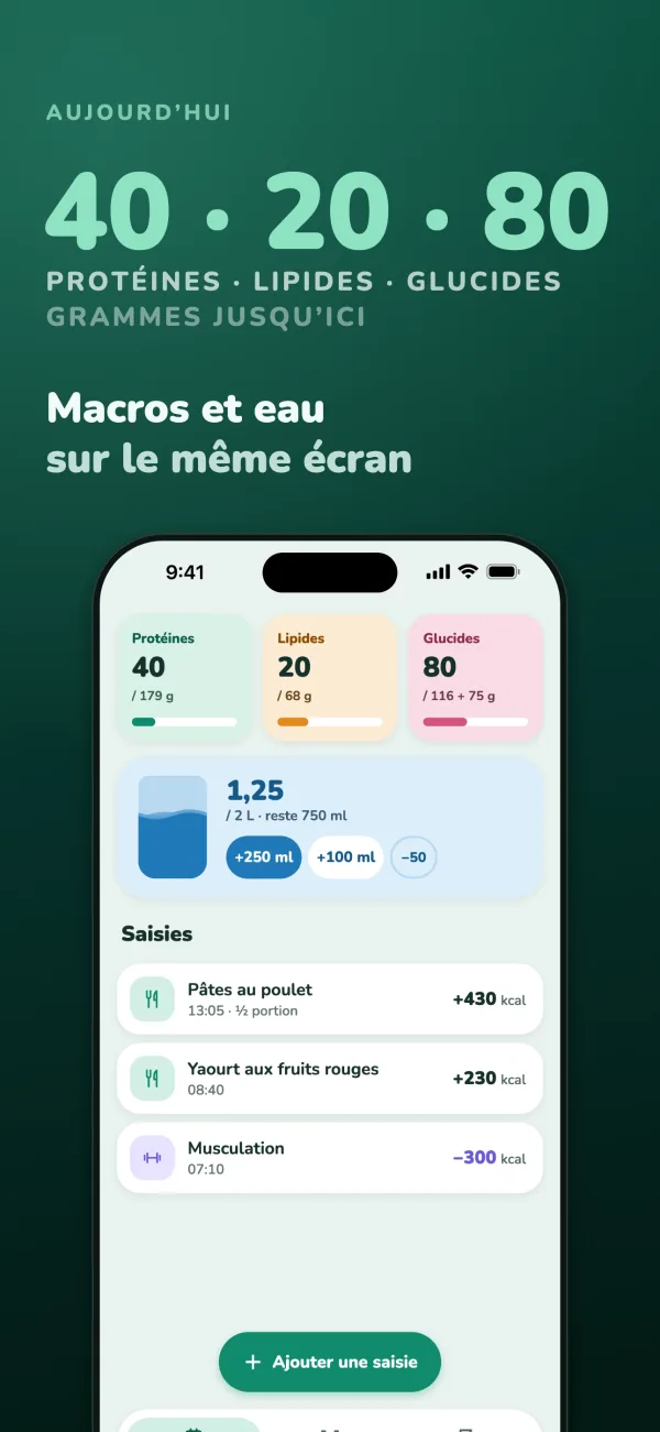 40 · 20 · 80 grammes de protéines, lipides et glucides jusqu’ici. Macros et eau sur le même écran : trois tuiles de macros, un verre d’eau à 1,25 sur 2 L et les saisies du jour