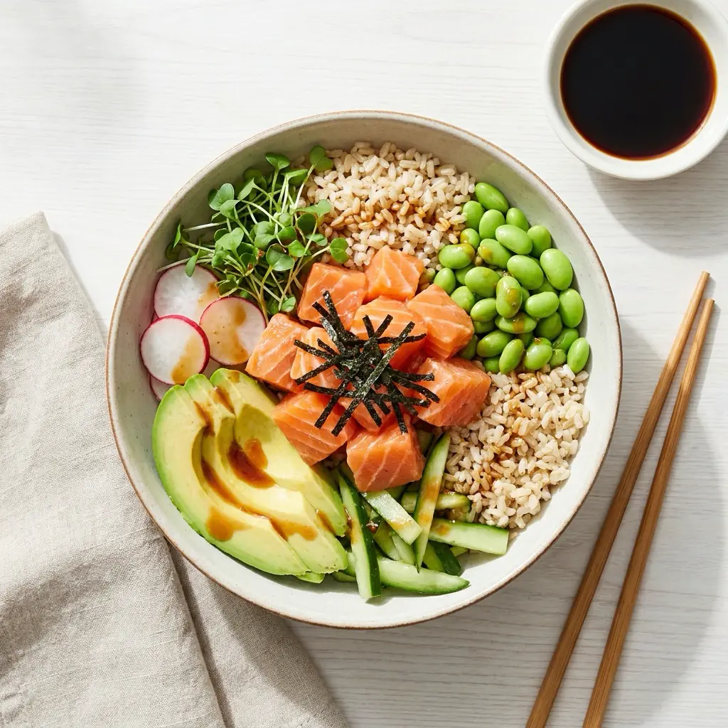 A poke bowl with salmon, rice, edamame, avocado and cucumber