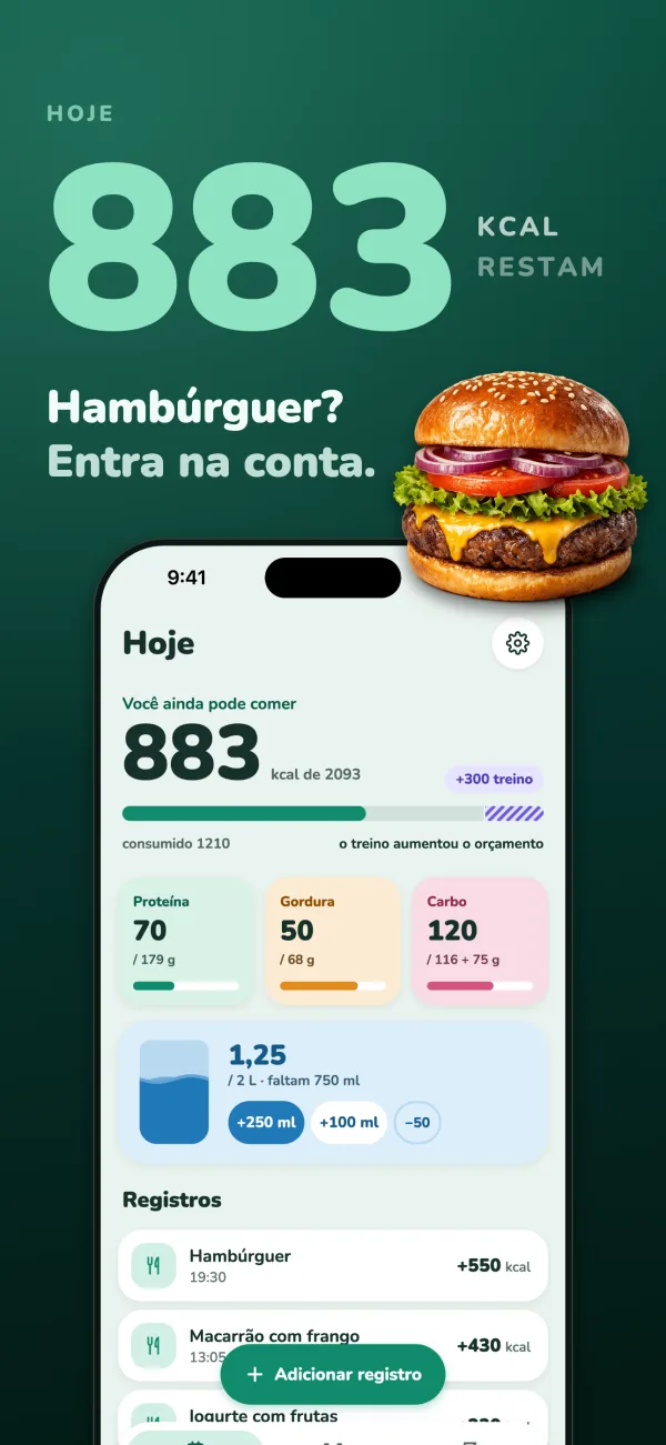 Hoje restam 883 kcal. Hambúrguer? Entra na conta. A tela Hoje depois de um hambúrguer de 550 kcal, com um cheeseburger ao lado do celular