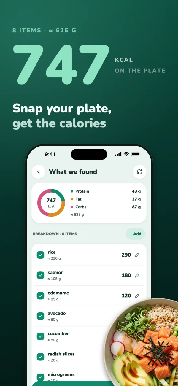 747 kcal on the plate, 8 items, about 625 g. Snap your plate, get the calories. The scan result for a poke bowl: protein 43 g, fat 27 g, carbs 87 g, and each dish with its calories