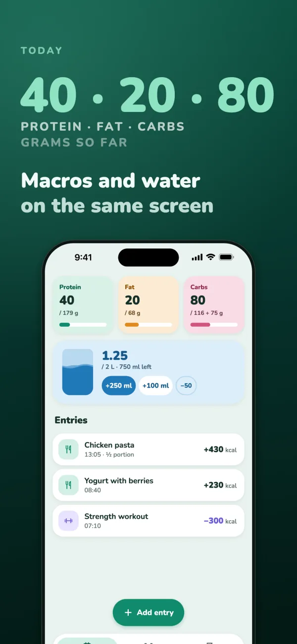 40 · 20 · 80 grams of protein, fat and carbs so far. Macros and water on the same screen: three macro tiles, a water glass at 1.25 of 2 L and today’s entries